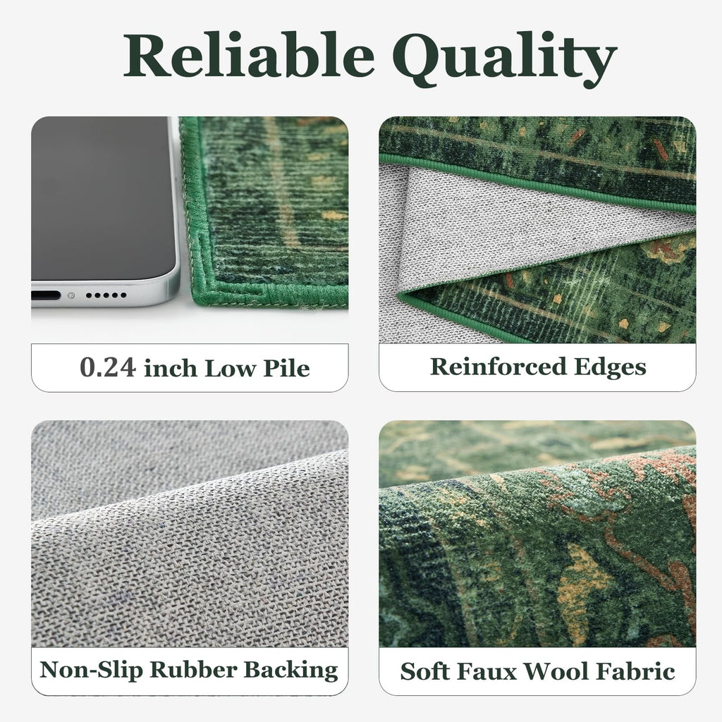 Retro Green 3x8 Rug Runners Non Slip, Distressed Medallion Carpet Runners 8ft, Low Pile Thin Runner Rug Non Slip