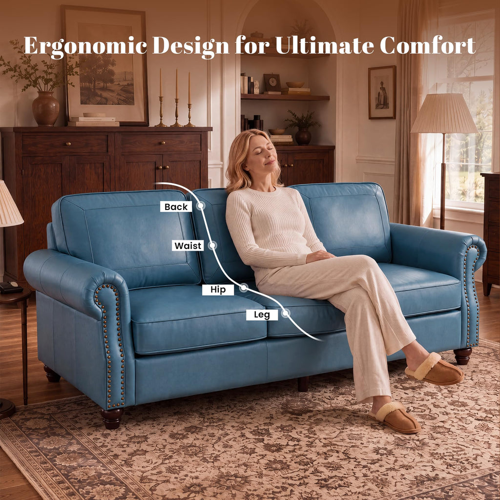 Faux Leather Loveseat Sofa with Rolled Arms, Royal Blue