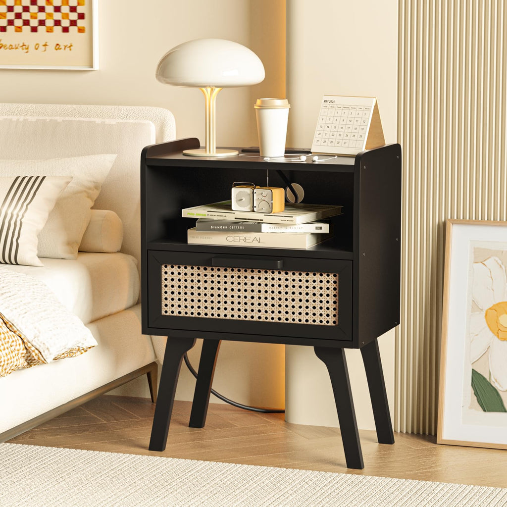 Rattan Nightstands Set of 2 with Charging Station, Boho Side Table