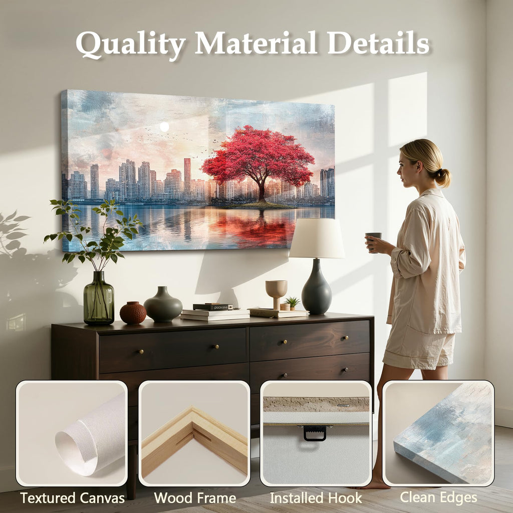 City Skyline Wall, Red Tree Landscape Large Painting 20x40in