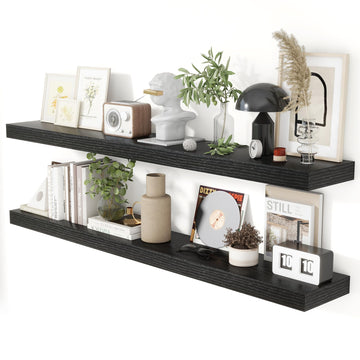 55 Inch Floating Shelves for Wall 8 Inch Deep Black Shelves Set of 2, Wall Mounted Rustic Wood Long Floating