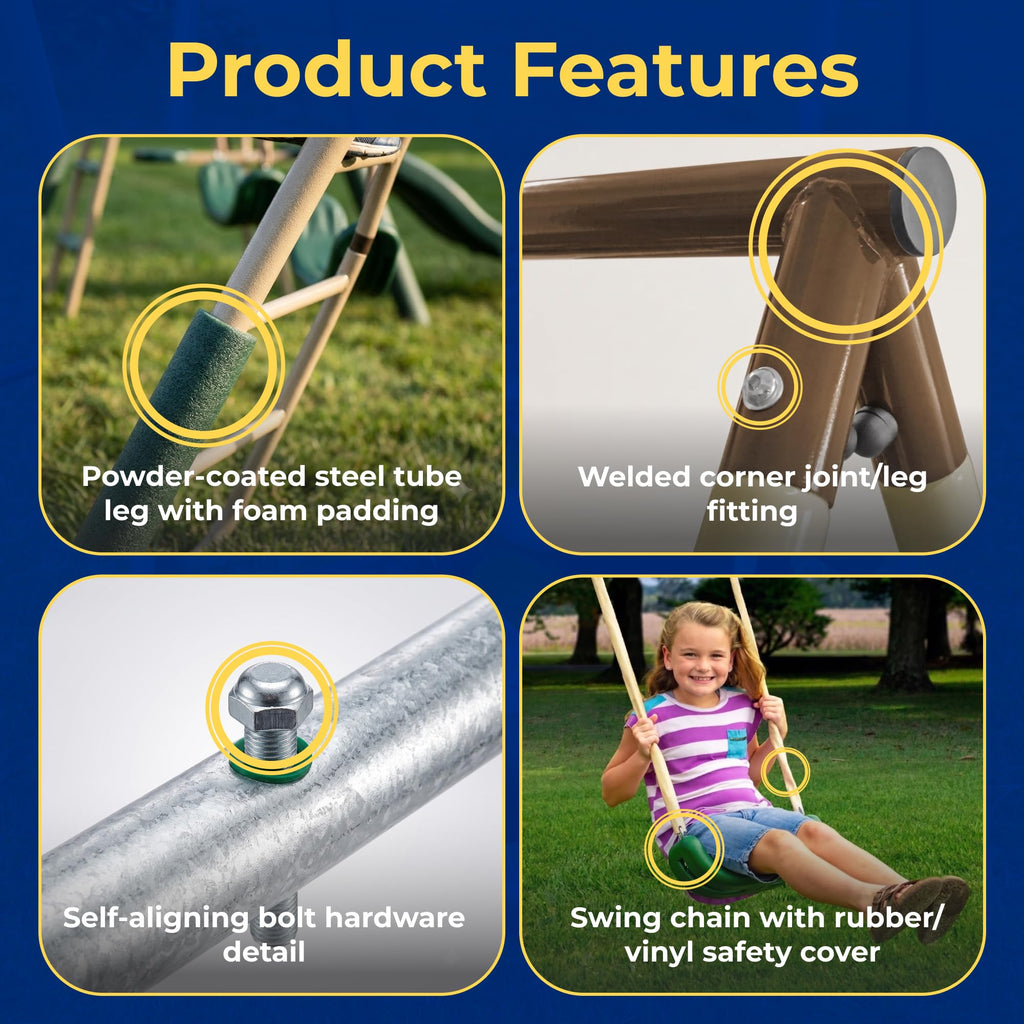 Crestview Metal Swing Set with 2 Swings & Slide, Green/Tan