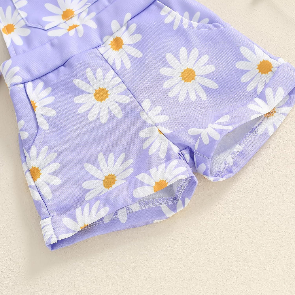 Newborn Baby Girl Clothes Summer Outfit Short Sleeve Ribbed Romper Floral Suspender Overalls Shorts Set