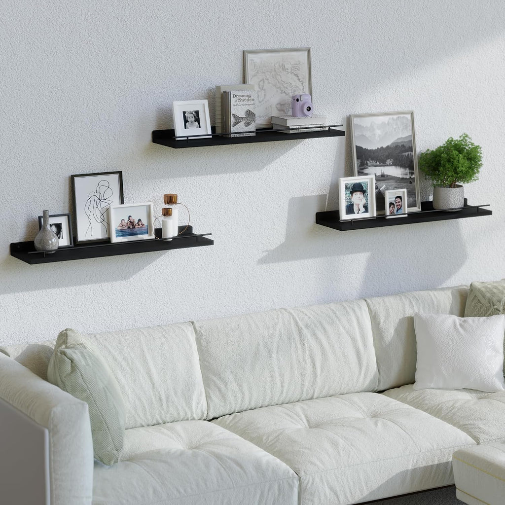 Floating Shelves 24 inch with Gold Metal Guardrail, Shelves for Wall Decor Set of 3, Wall Shelves , Plants, Picture