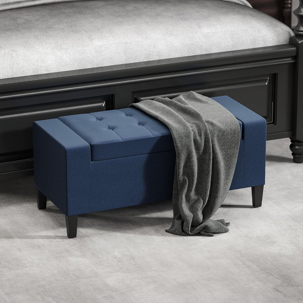 36" Ottoman with Storage, Lift Top Rubberwood Legs 330 lb Dark Blue | Storage Ottoman Bench, Linen Upholstered
