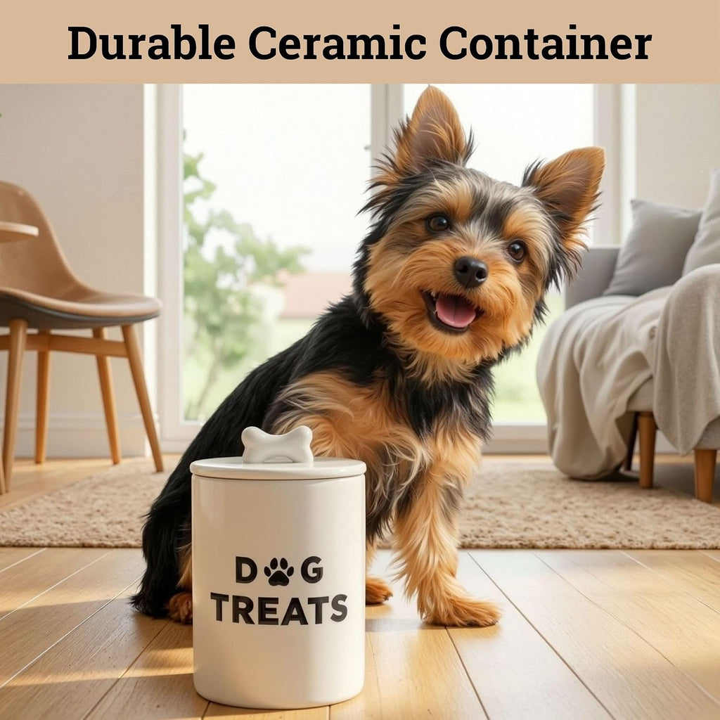Ceramic Dog Treat Container Airtight - Ceramic Lid - 4 Cups - 4.3"W x 6.6"H