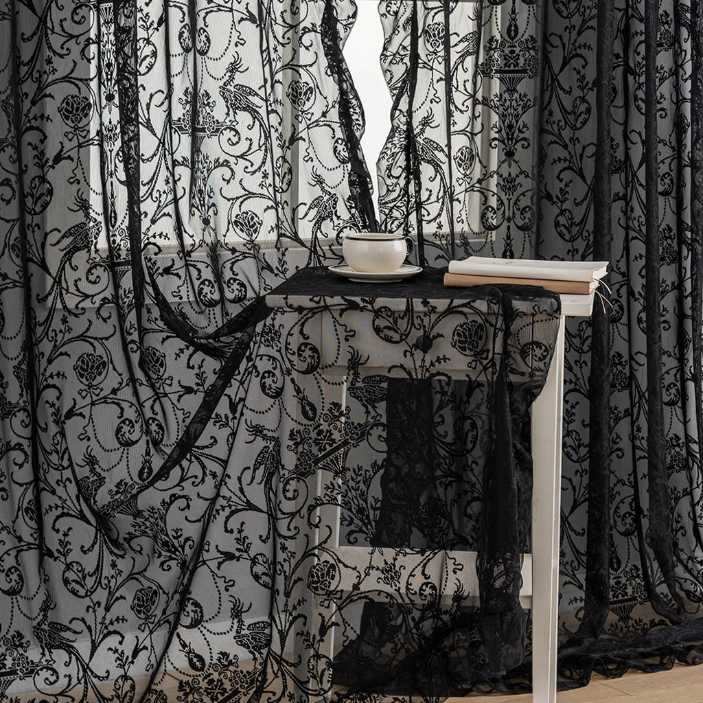 Black Ruffle Curtains 90 Inches Long - Boho Floral Semi Sheer Black Lace Curtains, Old House Tulle Rod Pocket Light