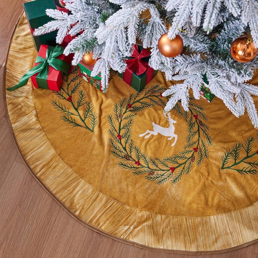 X.Sem Pine Branches Embroidered Velvet Christmas Tree Skirt with Pleat Velvet Border 50'' (Gold, 50 inch)