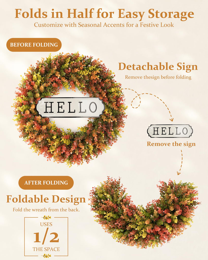 24" Fall Wreath for Front Door, Artificial Boxwood Autumn Wreath