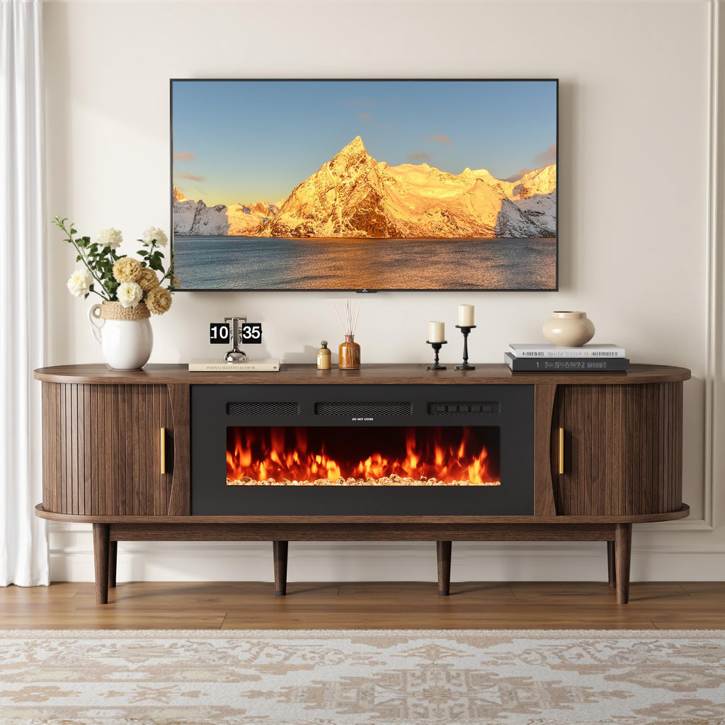 70′′ Fluted Fireplace TV Stand for 80′′ TVs, Entertainment Center with Fluted Sliding Tambour Doors & Adjustable