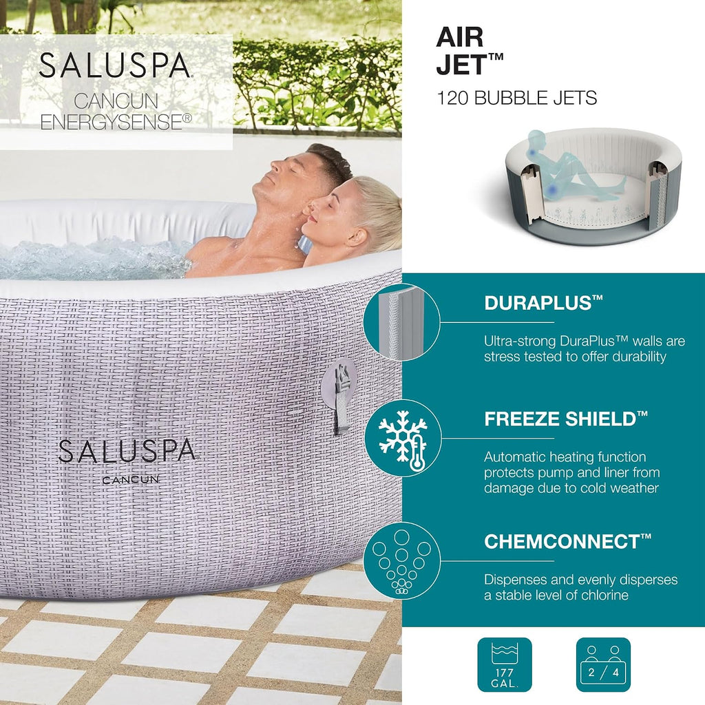 SaluSpa Cancun 2-4 Person Inflatable Hot Tub, Round Energy-Efficient Portable Spa with 120 AirJets, 71" x 26"