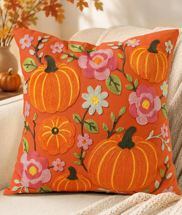 Fall Embroidered Throw Pillow Cover 18x18 Inch, Pumpkin Floral