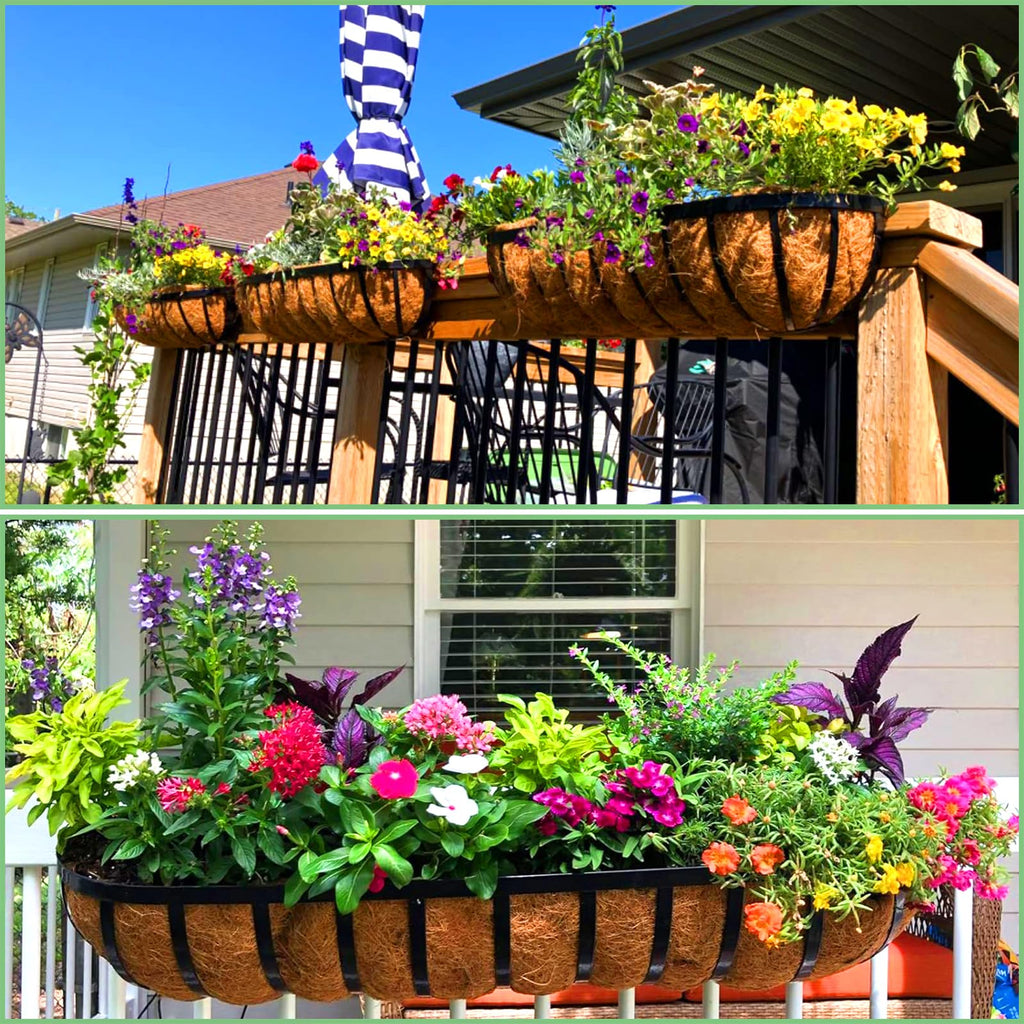 Railing Planter Window Box - 2 Pack 30 Inch Deck Balcony Rail Planter with Coconut Coir Liner, Fence Metal Hanging