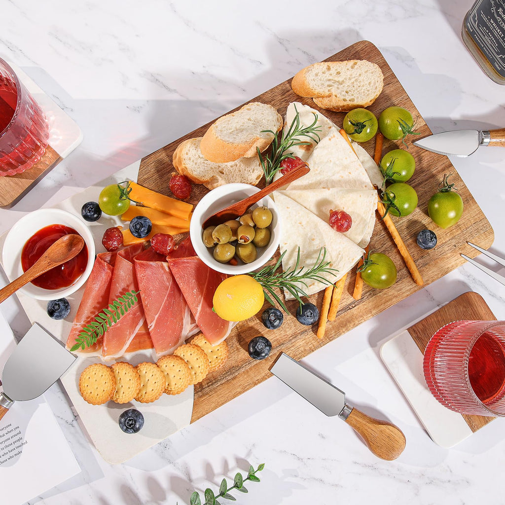 Acacia Wood & Marble Charcuterie Board Set, Cheese Board Platter Tray with 4 Knives 2 Bowls & 2 Spoons, Serving Tray