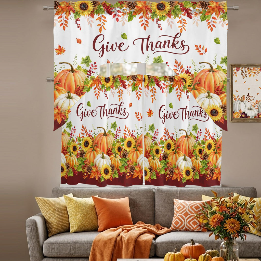 Thanksgiving Fall Kitchen Curtain and Valance Set 3 Pieces, Boho Farmhouse Orange Pumpkin Rod Pocket Short Tier