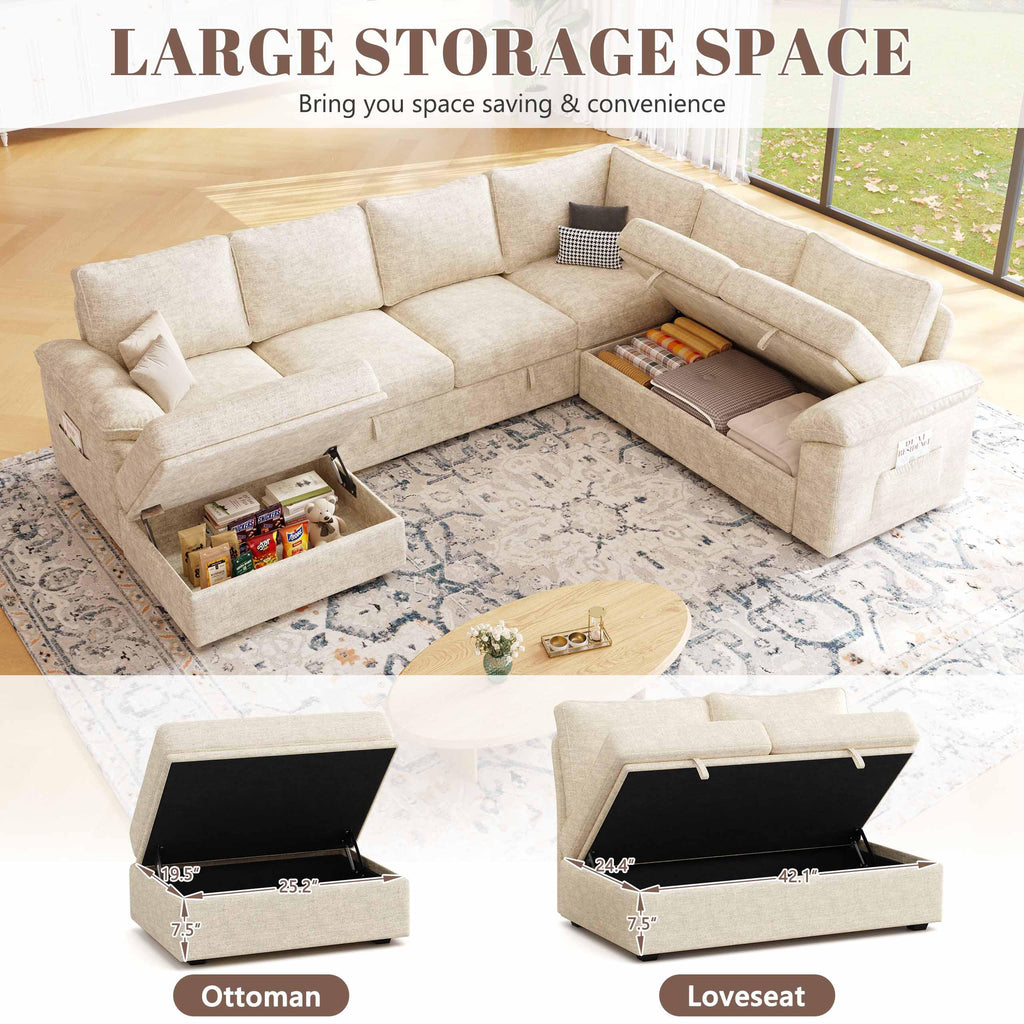 106'' Modular Sectional Sofa with Pull Out Bed, Sleeper Sofa, Beige
