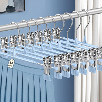 Pants Hangers with Clips for Women 50 Pack, 12Inch Adjustable Heavy Duty Skirt Hangers, Space Saving Non-Slip Shorts
