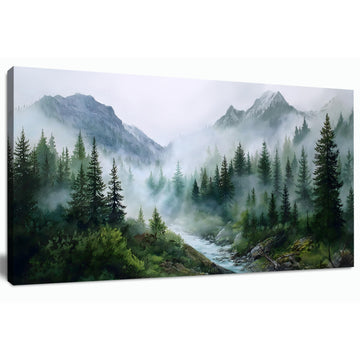 Large Misty Forest Wall Art Green Mountain Landscape Canvas Prints with Trees and River Modern Nature Artwork Office