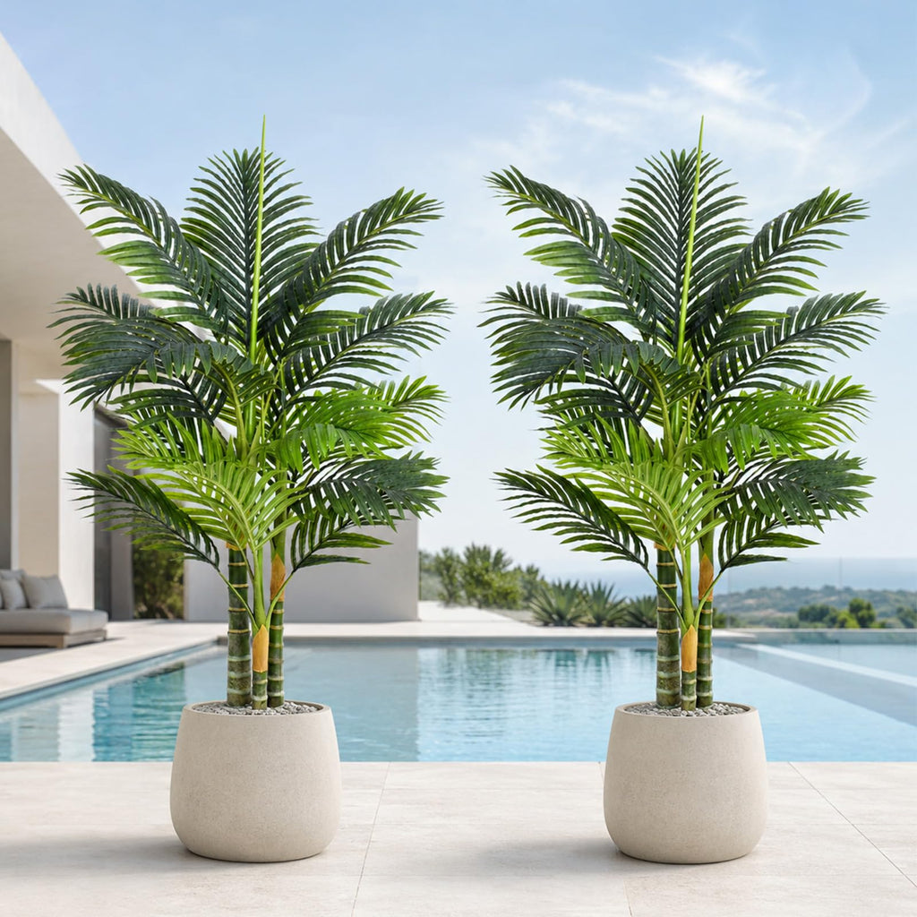 4FT Artificial Palm Tree - Tropical Faux Golden Cane Palm Tree UV Resistant Tall Fake Plant Indoor with Black Pot