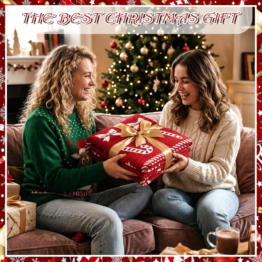 Red Candy Cane Bow Christmas Blanket Knitted Reversible Flannel