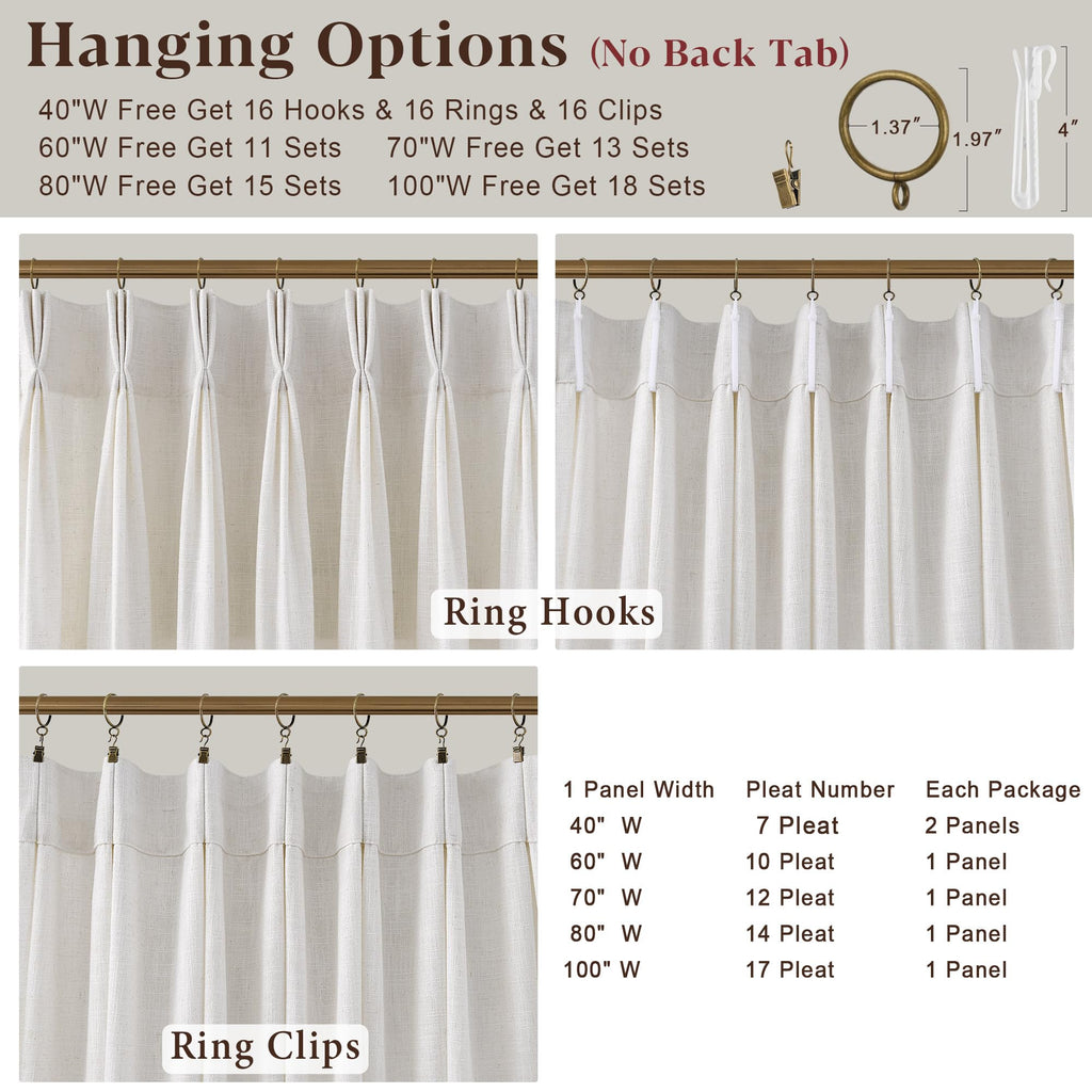 80 Inch Extra Wide Pinch Pleated Linen Curtains 105 Inch Length Bedroom Natural Cream Beige Privacy Drapes Light