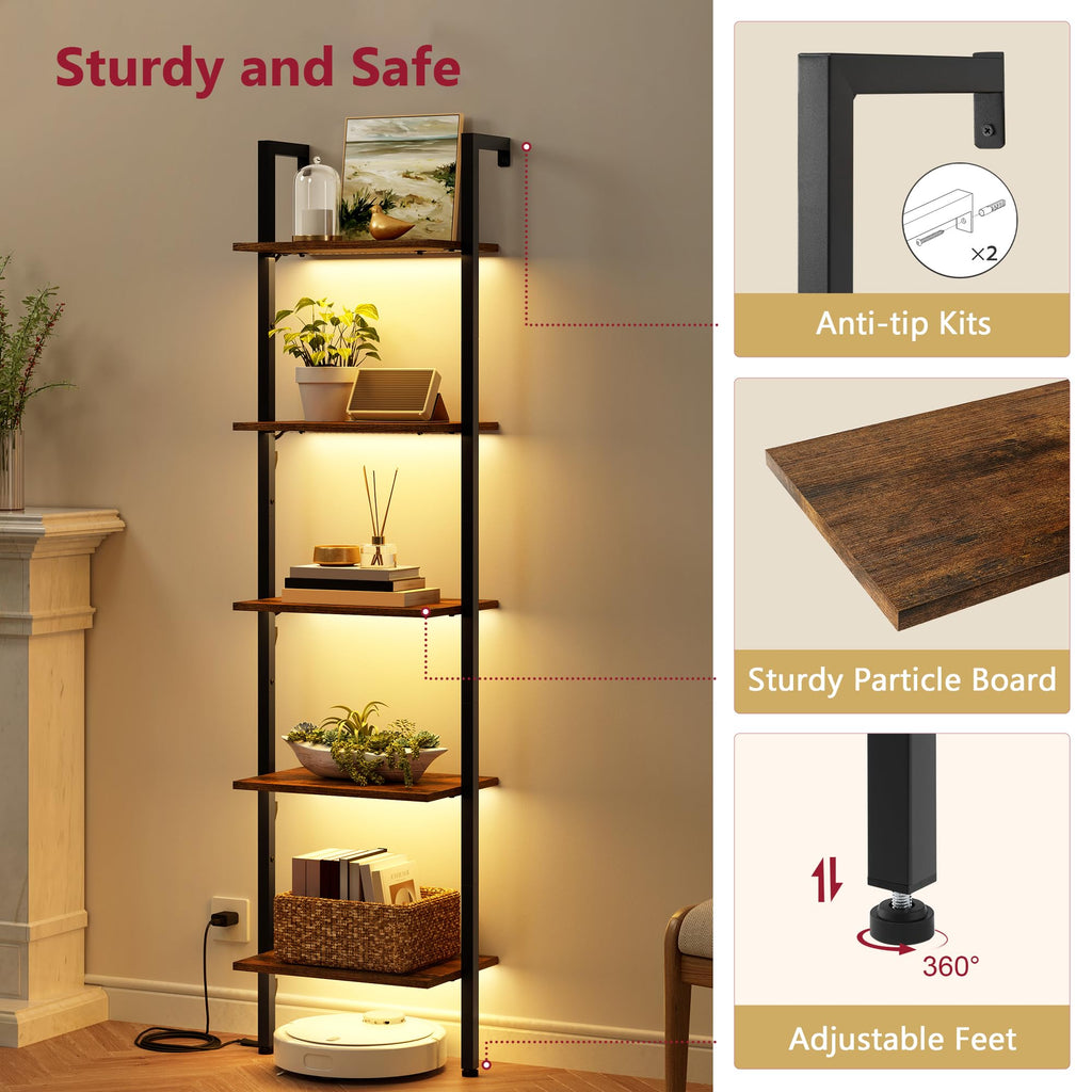 5 Tier Ladder Bookshelf with Light, Wall Ladder Shelf Rustic Brown