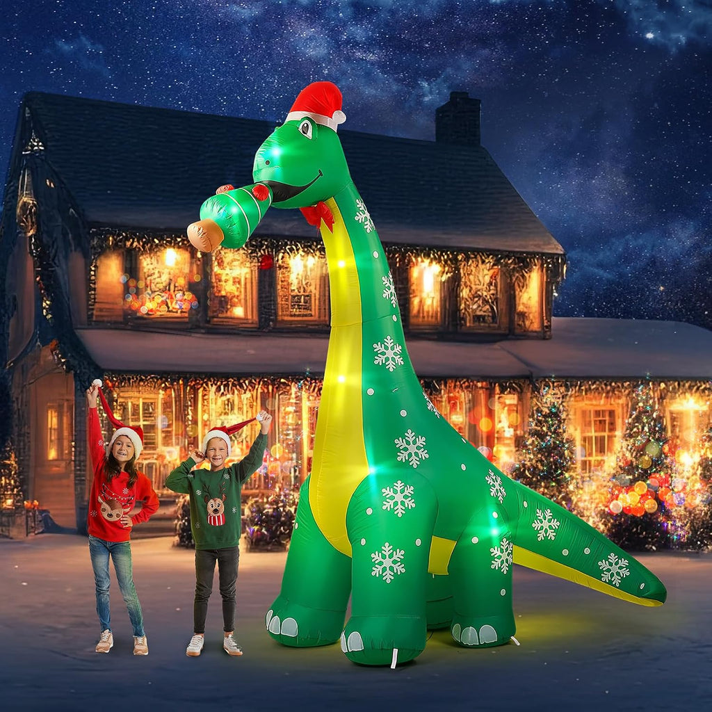 10 FT Dinosaur Christmas Inflatable Outdoor Decoration, Lighted Dinosaur Christmas Blow Up with Xmas Hat and Tree