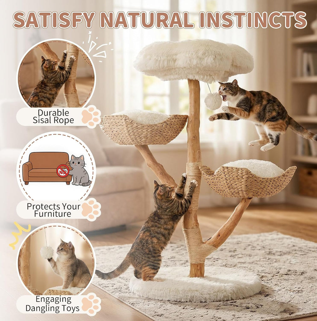 44.5-Inch Natural Wood Cat Tree with 2 Handwoven Baskets