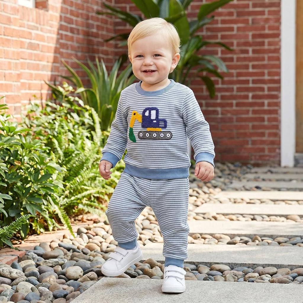 Fall Baby Boy Outfit Excavator Long Sleeve Sweatshirt Pullover Top Pants Toddler Waffle Knit Clothes