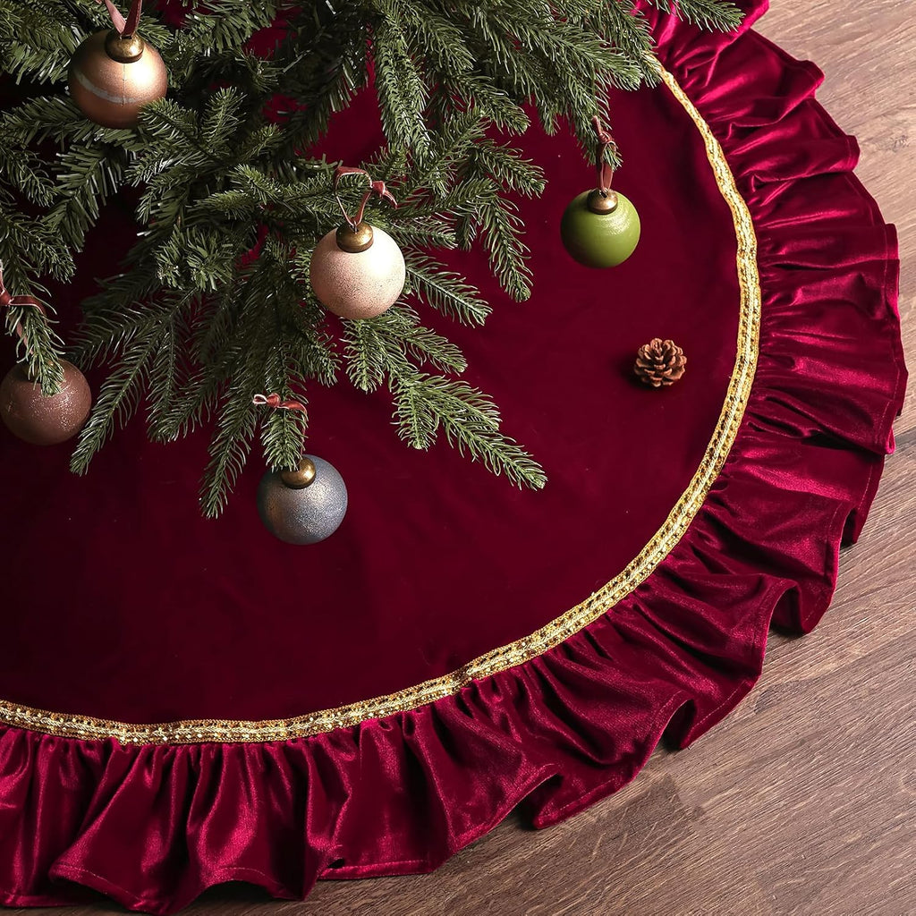 Christmas Tree Skirt: 48 Inch Large Luxury Wine Red Velvet Plush Fur Ruffled Christmas Tree Skirts with Gold Trim