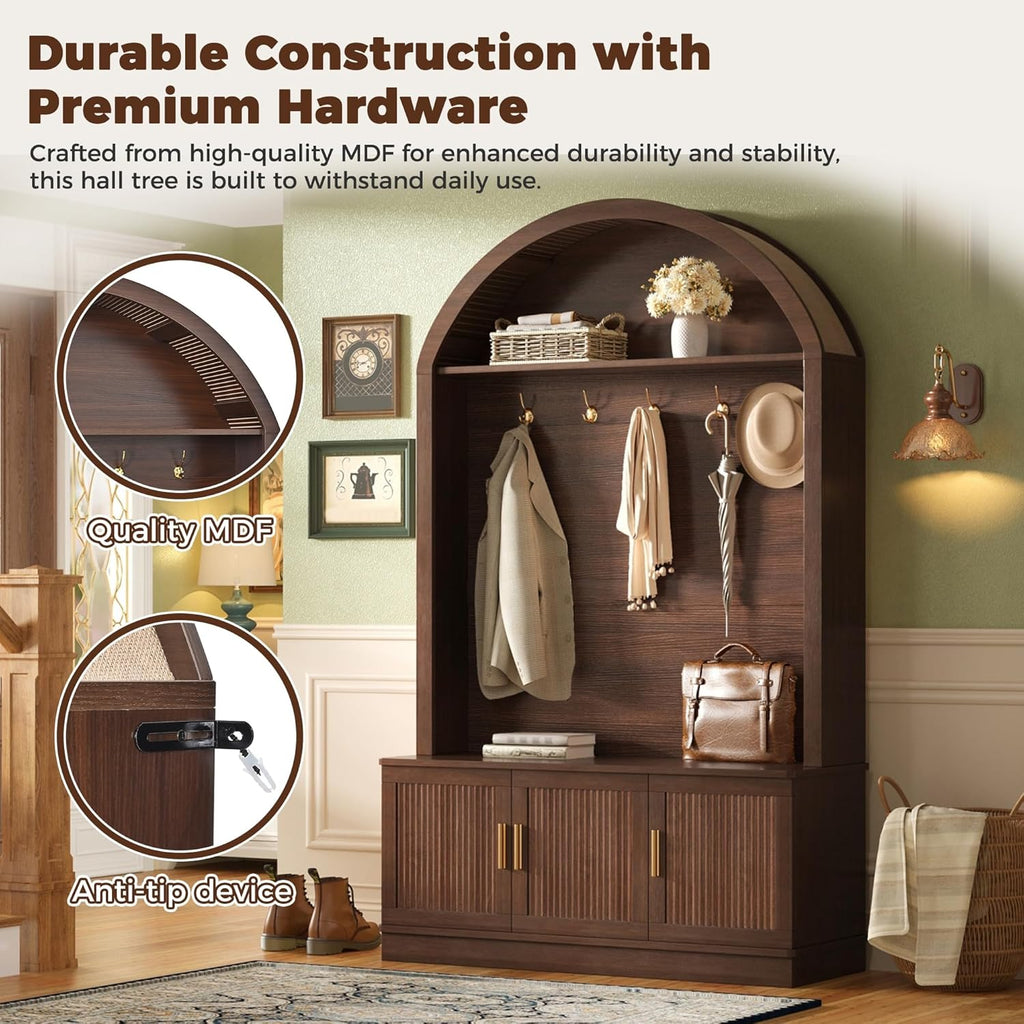 Farmhouse Arched Top Hall Tree with 5 Metal Hooks, All-in-One Mudroom Storage with Adjustable Shelves & Fluted Door
