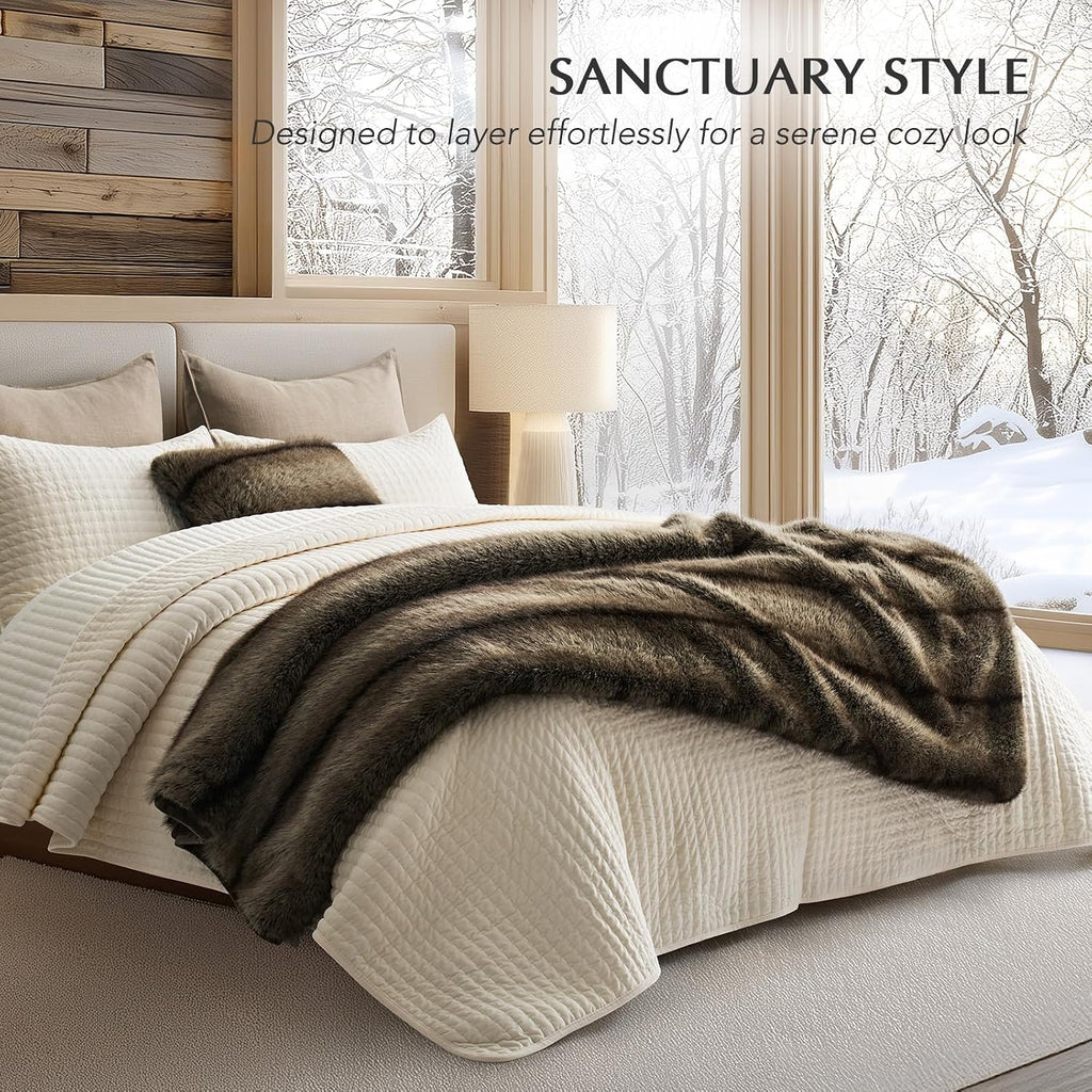 Luxury Faux Fur Throw Blanket, 60"x80", Ombré Sable Brown | Fluffy Faux Mink Blanket, Soft Cozy Plush, Thick Warm