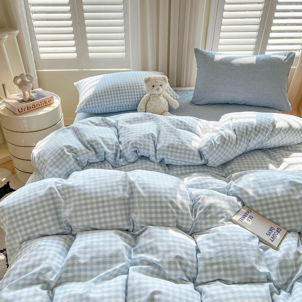 Blue Gingham Comforter Down Alternative Washed Cotton Bedding Set Boho Fluffy Cozy Cute Bedding Comforter Sets