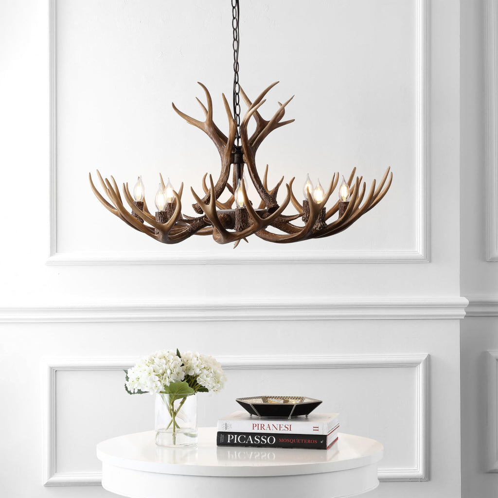 Rustic Faux Antler Chandelier - 8-Light Brown Resin Antler Chandelier for Cabin & Lodge, 36" Wide