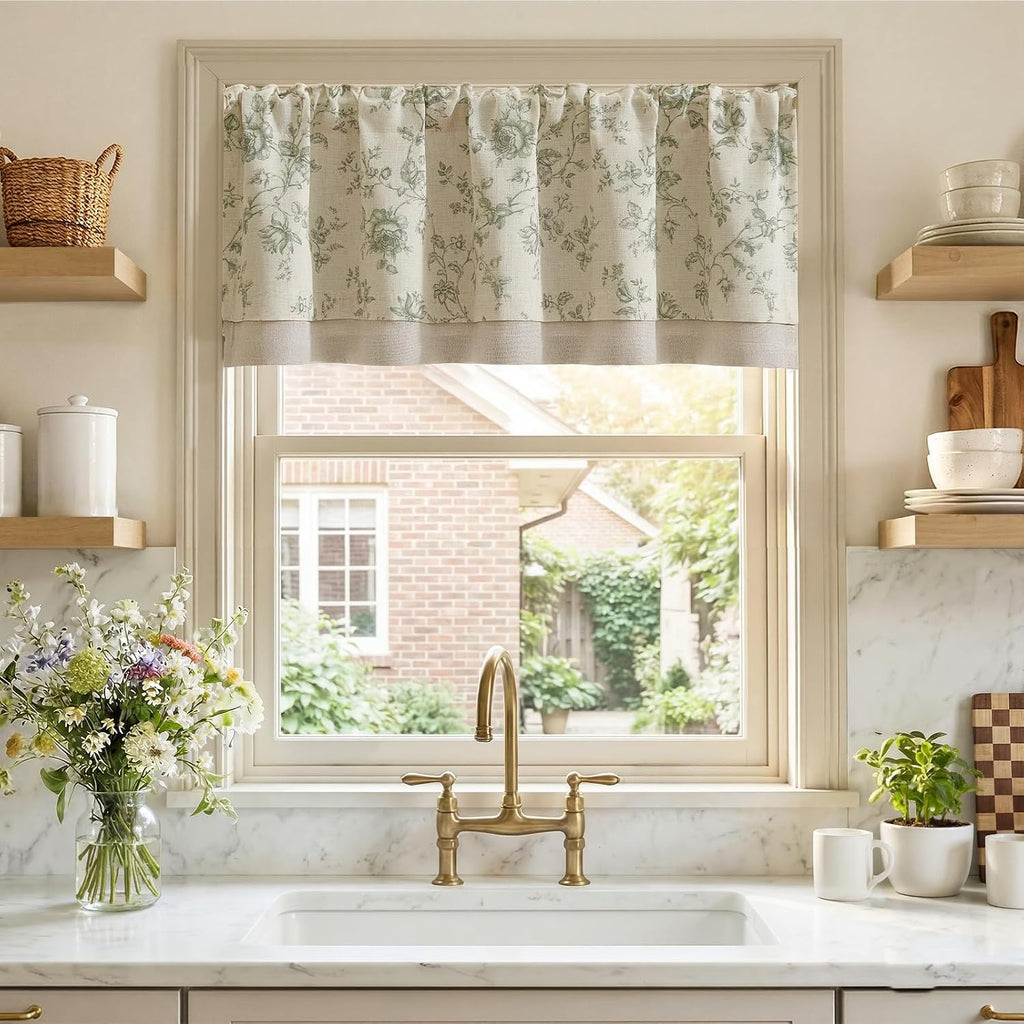Amlie Floral Linen Valance Curtain Farmhouse Kitchen Valance for Living Room Laundry Light Filtering Double Layer