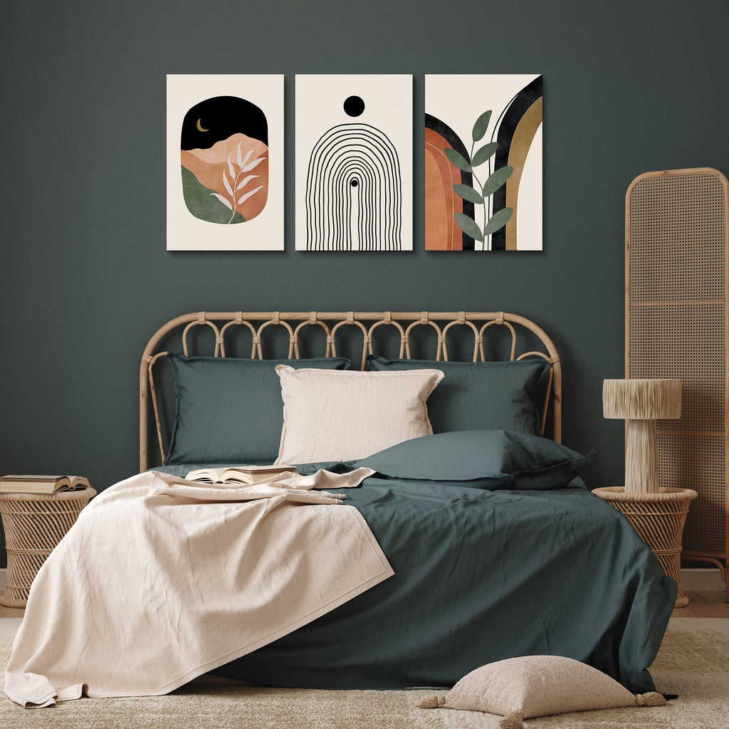 Boho Wall Art Prints Set of 3, Boho Wall Decor, Mid Century Modern Prints Sun Moon Leaf Mountain Canvas Wall