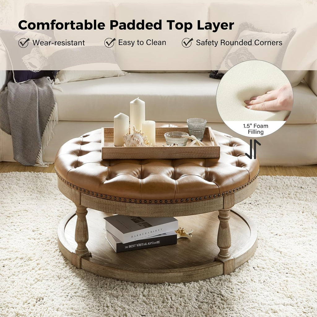 Faux Leather Ottoman Coffee Table , Large Round Button Tufted Cocktail, Upholstered Footrest Storage Ottoman with