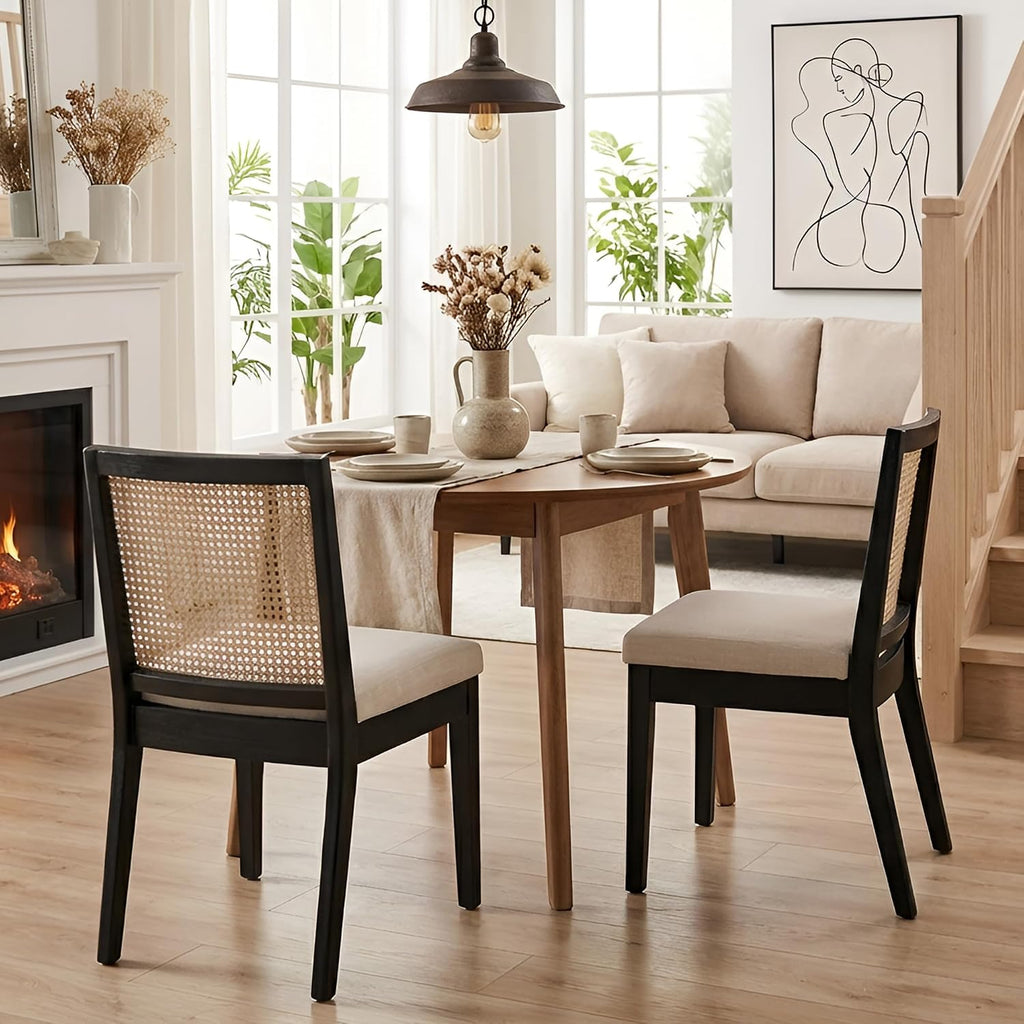 Upholstered Dining Chairs with Square Rattan Back, Armless Padded Linen Cream Cushion Dining Chairs with Wood Legs