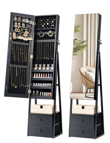 Jewelry Cabinet Armoire, 2 Drawers, Full Length Mirror, Black