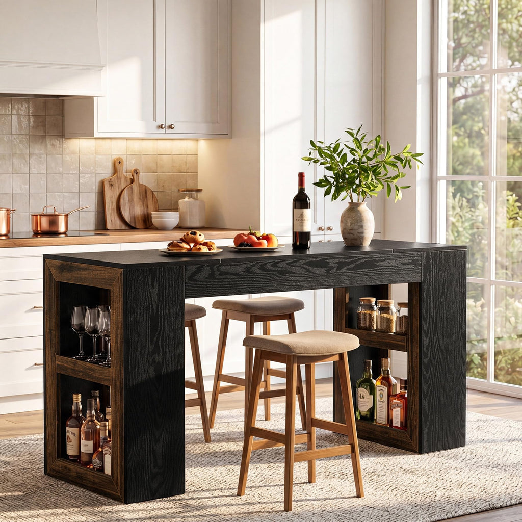 63" Bar Table, Counter Height Pub Table with Storage Shelves
