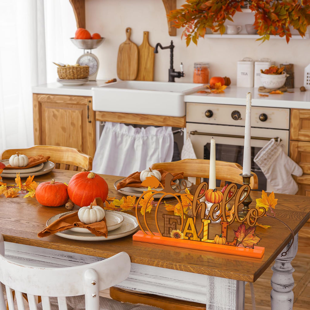 Fall Decorations Metal Pumpkin Table Sign with Wood Base