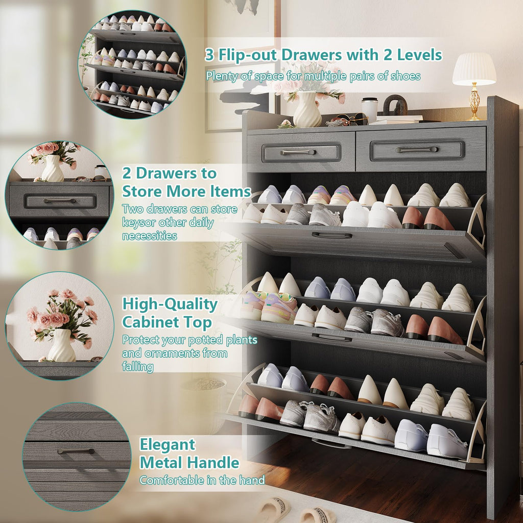 Shoe Cabinet with 3 Large Flip Drawer 2 Top Drawer Dark Grey