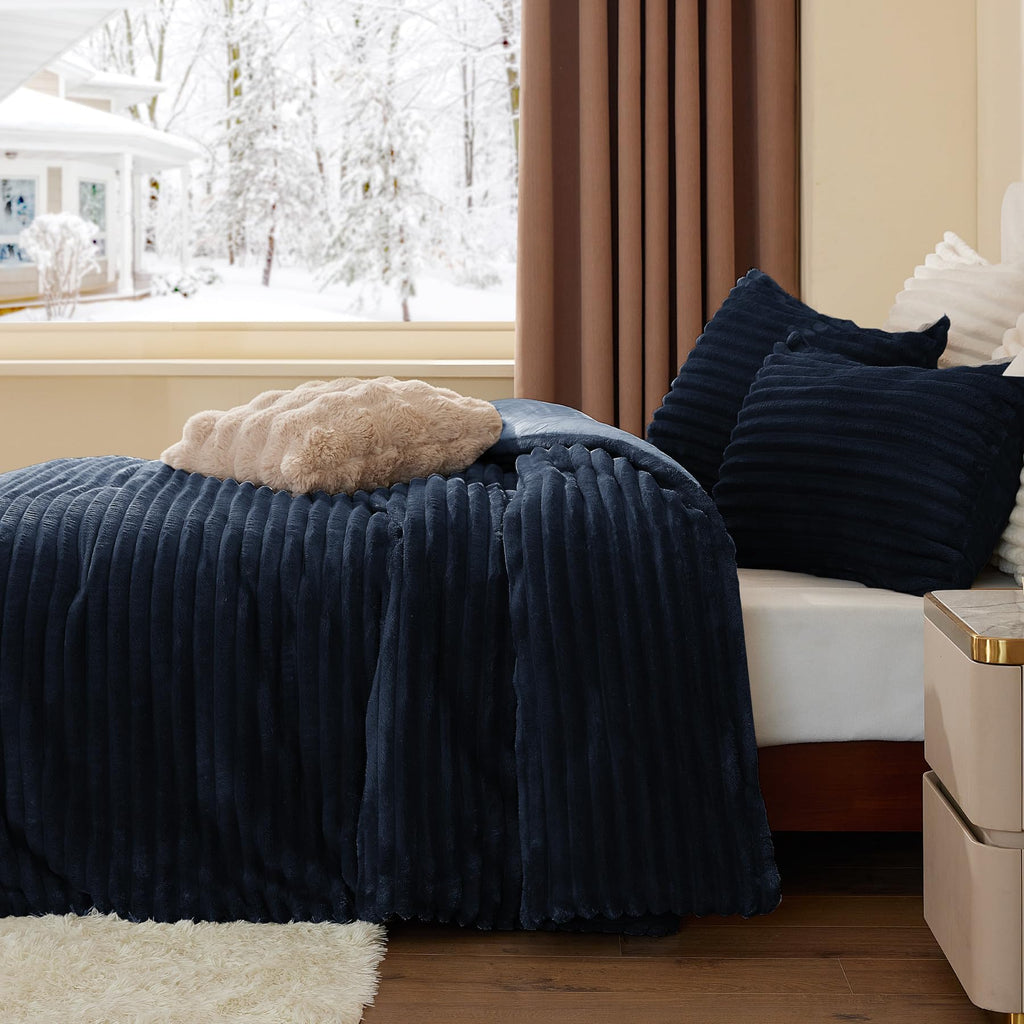 Fleece Oversized Comforter Set, Fluffy Bed Set, Navy Blue