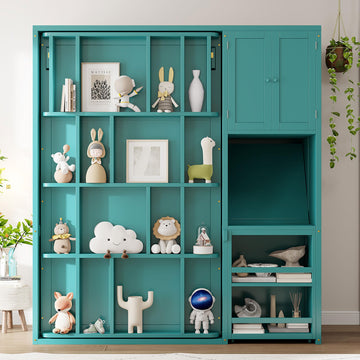 Twin Size Murphy Bed, Rotating Wall Murphy Beds with Bookshelf, Top Cabinet, Extendable Desk, Teal