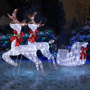 3-Piece Lighted Set of 2 Reindeer Christmas Decor, Reindeer & Sleigh Set Xmas Outdoor Decorations with Pre-lit 270
