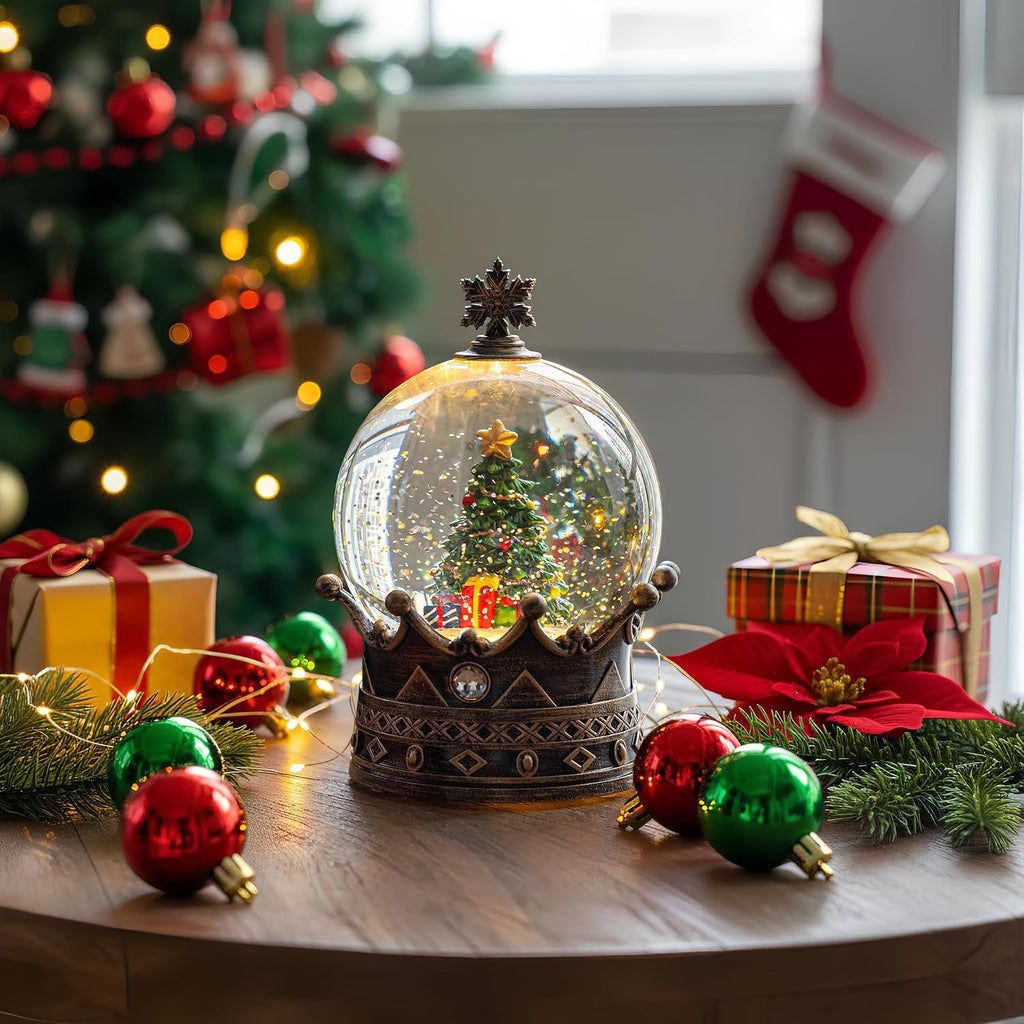 Christmas Snow Globe Lantern Water Glittering Christmas Tree Crown with Music, USB Lined/Battery Operated Lighted