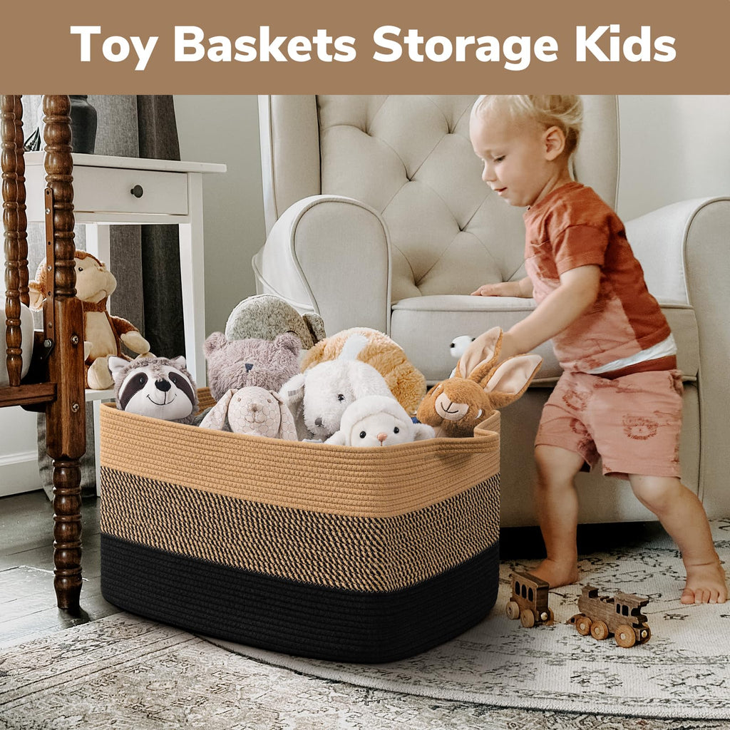 75L Large Woven Blanket Basket, 22" x 17" x 12", Black & Jute