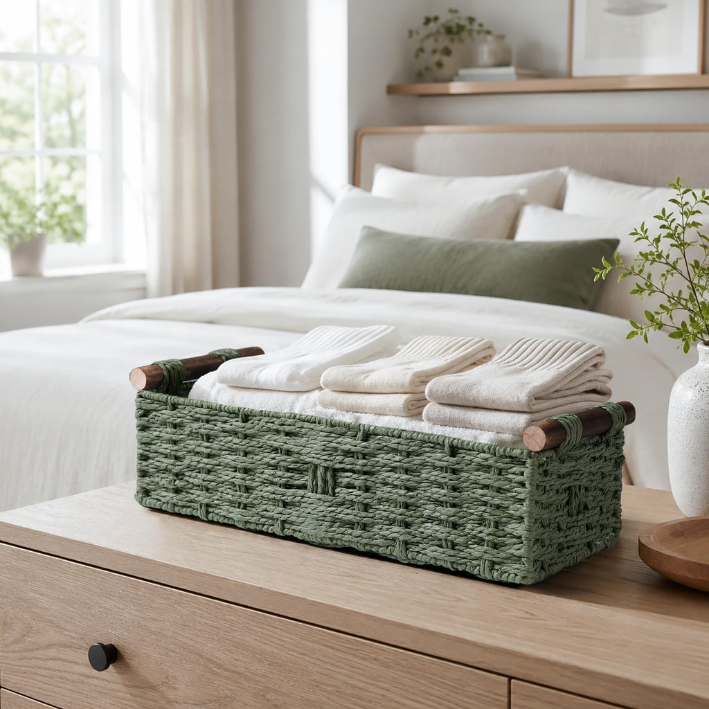 Round Paper Rope Storage Basket Wicker Baskets for Organizing with Handle Decorative Storage Bins for Countertop