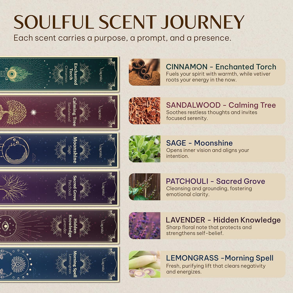 Mystical Guide Incense Sticks Variety (120 Insence-Sticks) with Holder: Patchouli, Lavender, Sandalwood - Set of 6