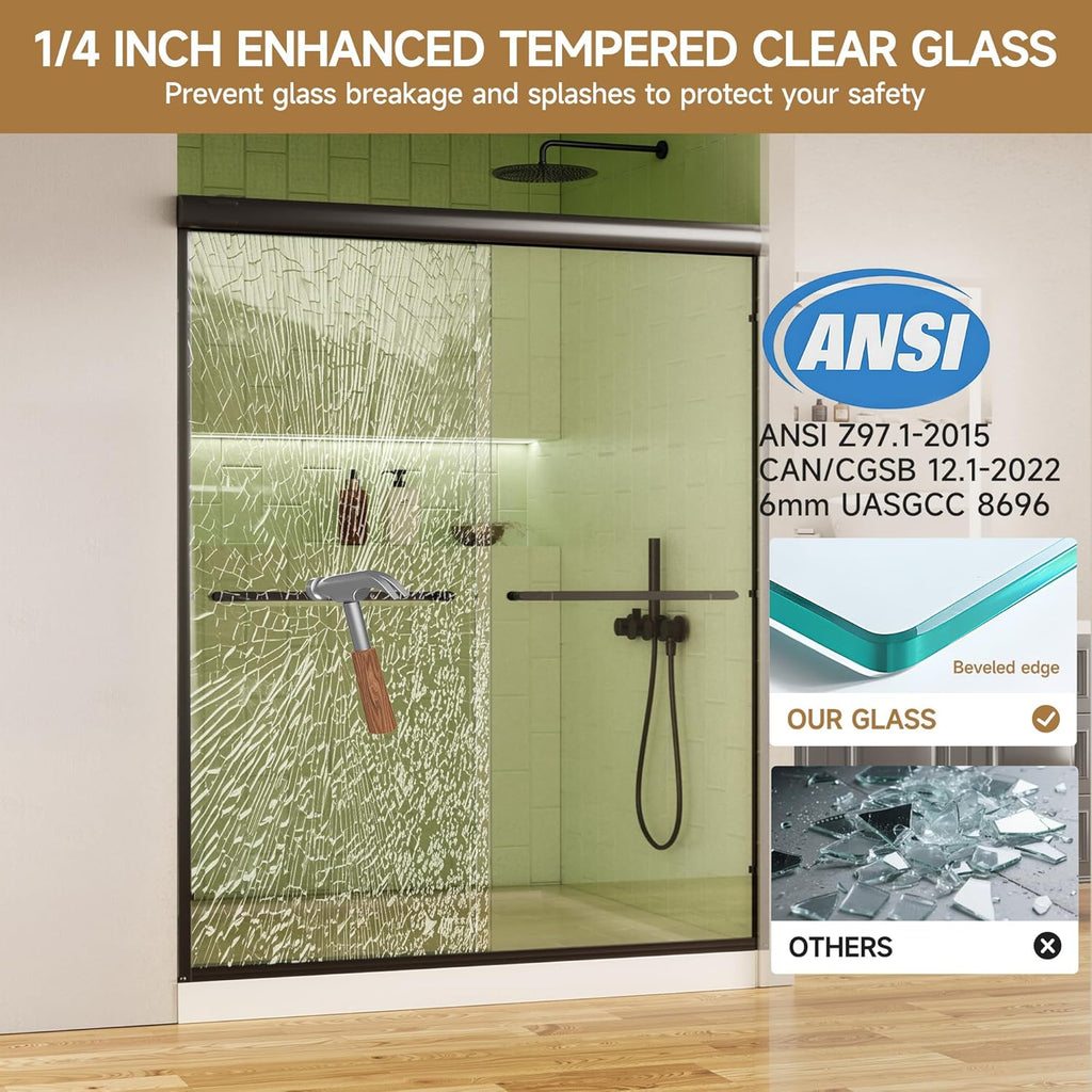 Shower Doors, 56 - 60" W x 72" H Sliding Glass Shower Door, Matte Black Aluminum Frame